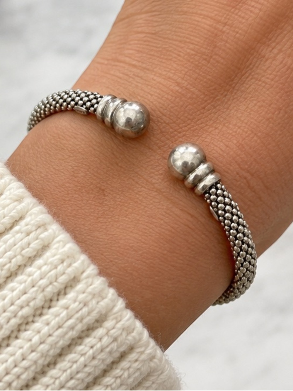 Sterling Silver 925 Woven Mesh Caviar Open Cuff Bracelet Granulated Ball Ends